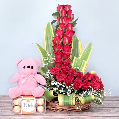 Rose Basket Arrangement N Teddy Rocher